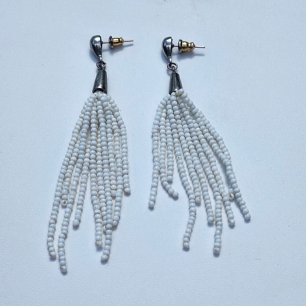 White Seed Bead Tassel Earrings Silver Tone Pierced Dangle Fringe Boho Costume